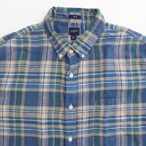 J.Crew Mens Button Down Shirt Blue Plaid Linen Cotton Slim Fit Size XL